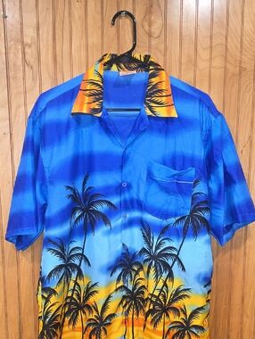 Men's Blue Tropical Palm Tree Print Short-Sleeve Shirt Size XL